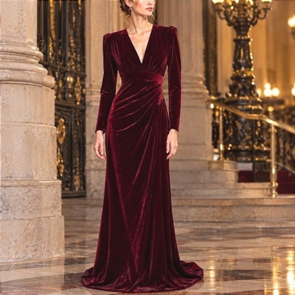 Betsy & Adam Burgundy Ruched Red Velvet Long Sleeve Glam Regal Vampire Gown 8